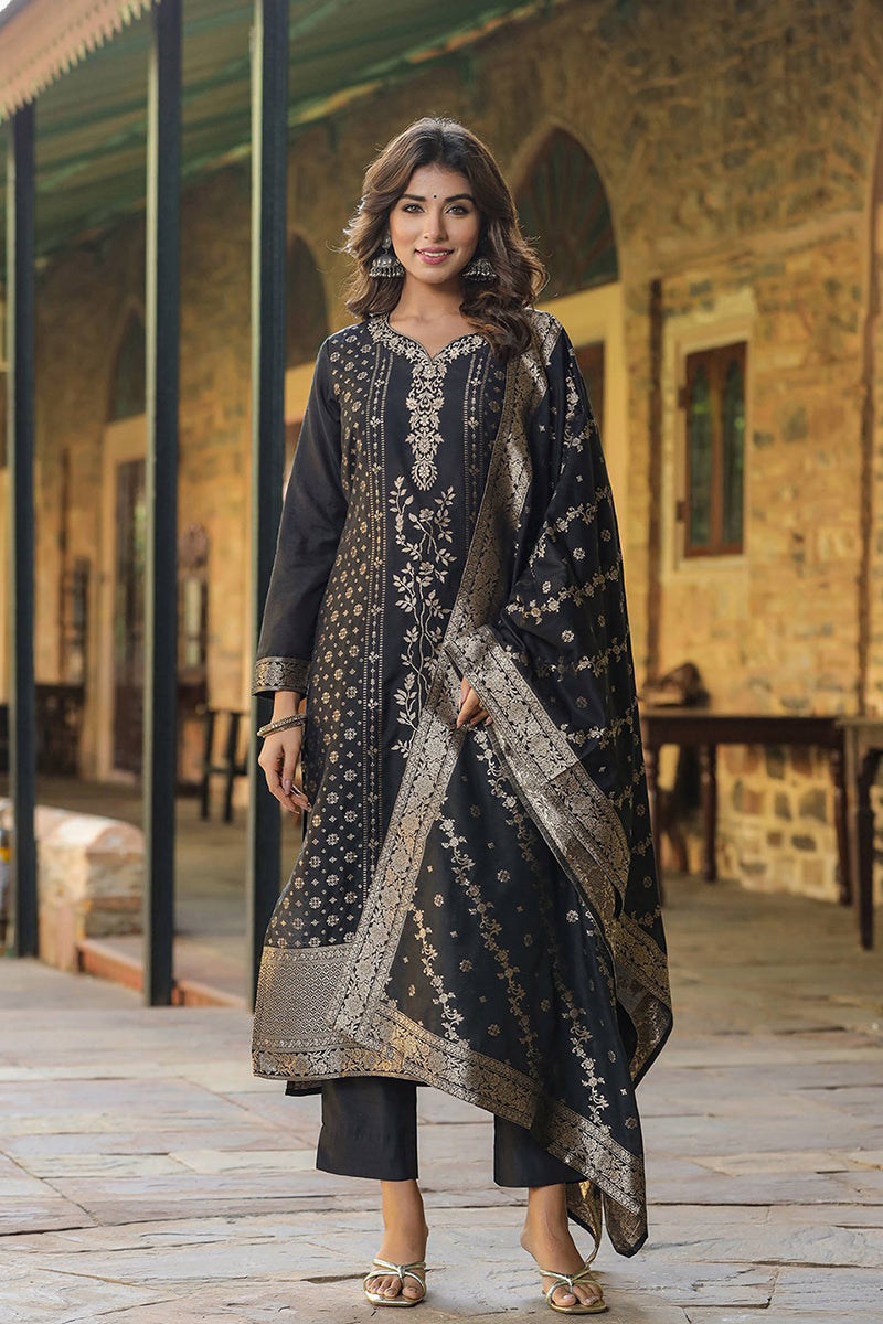 Black Poly Chanderi Floral Straight Suit Set PKSKD1975