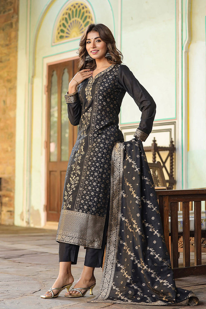 Black Poly Chanderi Floral Straight Suit Set PKSKD1975