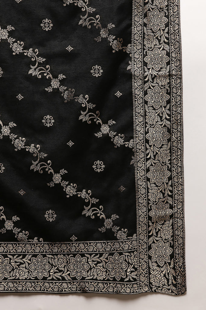 Black Poly Chanderi Floral Straight Suit Set PKSKD1975