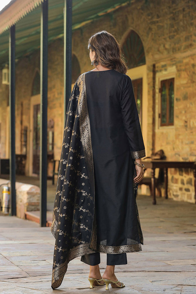 Black Poly Chanderi Floral Straight Suit Set PKSKD1975