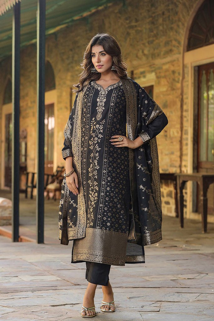 Black Poly Chanderi Floral Straight Suit Set PKSKD1975