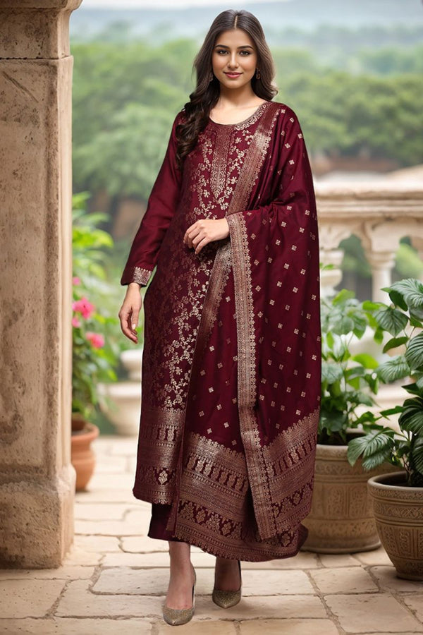 Maroon Poly Chanderi Woven Design Straight Suit Set PKSDK1976