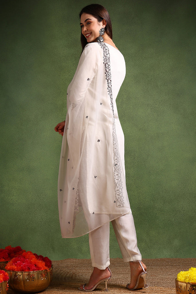 Off White Silk Blend Solid Embroidered Straight Suit Set PKSKD1996