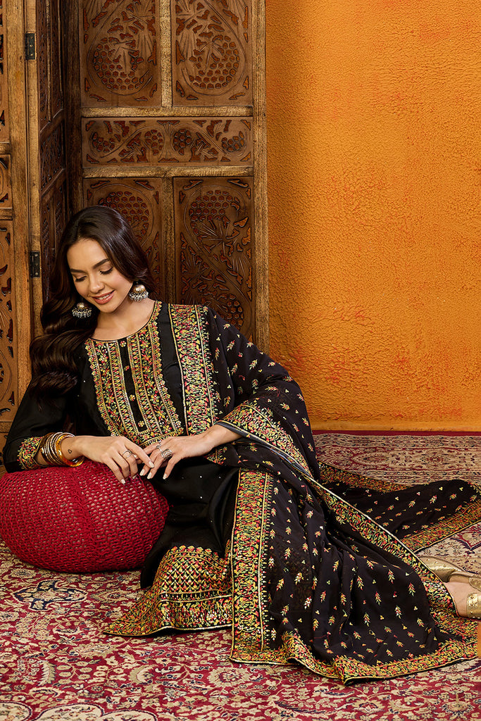 Black Silk Blend Solid Straight Suit Set PKSKD2003