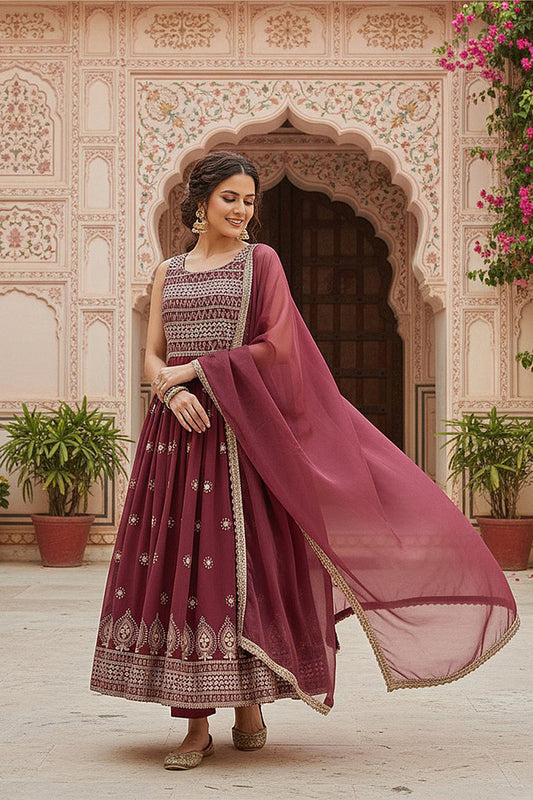 Mauve Poly Georgette Embroidered A-Line Suit Set PKSKD2008