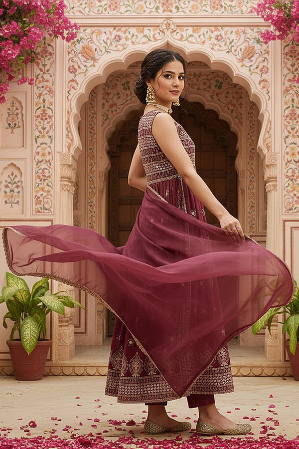 Mauve Poly Georgette Embroidered A-Line Suit Set PKSKD2008