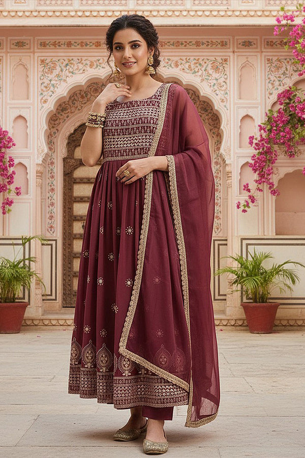 Mauve Poly Georgette Embroidered A-Line Suit Set PKSKD2008