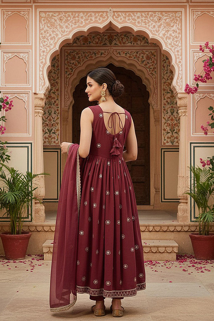 Mauve Poly Georgette Embroidered A-Line Suit Set PKSKD2008