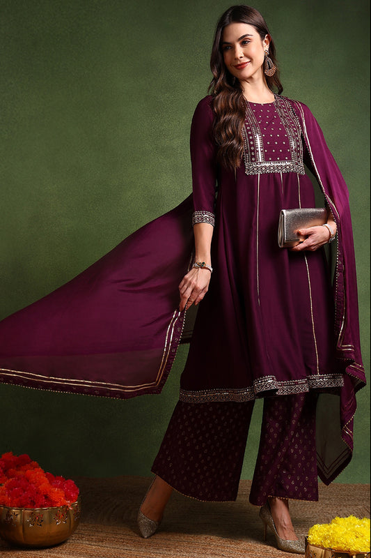 Purple Silk Blend Embroidered Anarkali Suit Set PKSKD2020