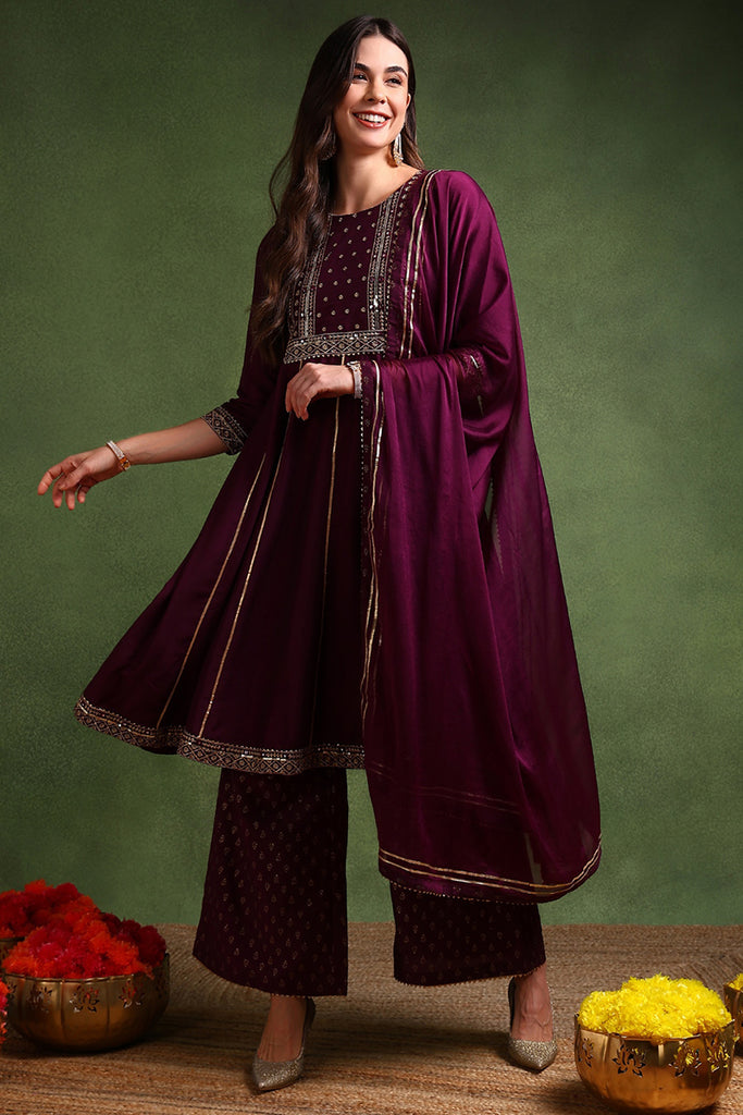 Purple Silk Blend Embroidered Anarkali Suit Set PKSKD2020