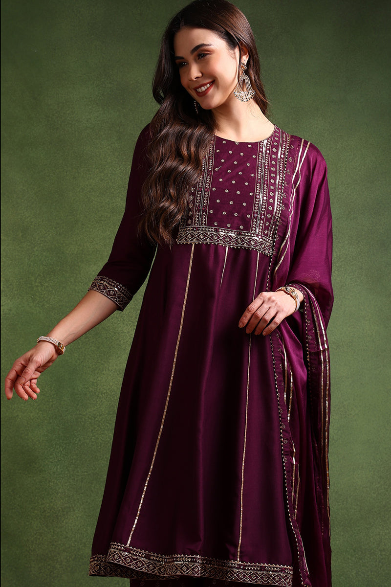 Purple Silk Blend Embroidered Anarkali Suit Set PKSKD2020