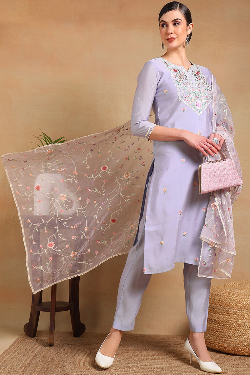 Purple Silk Blend Solid Embroidered Straight Regular Suit Set PKSKD2028