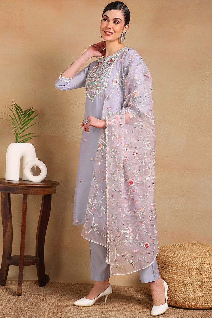 Purple Silk Blend Solid Embroidered Straight Regular Suit Set PKSKD2028