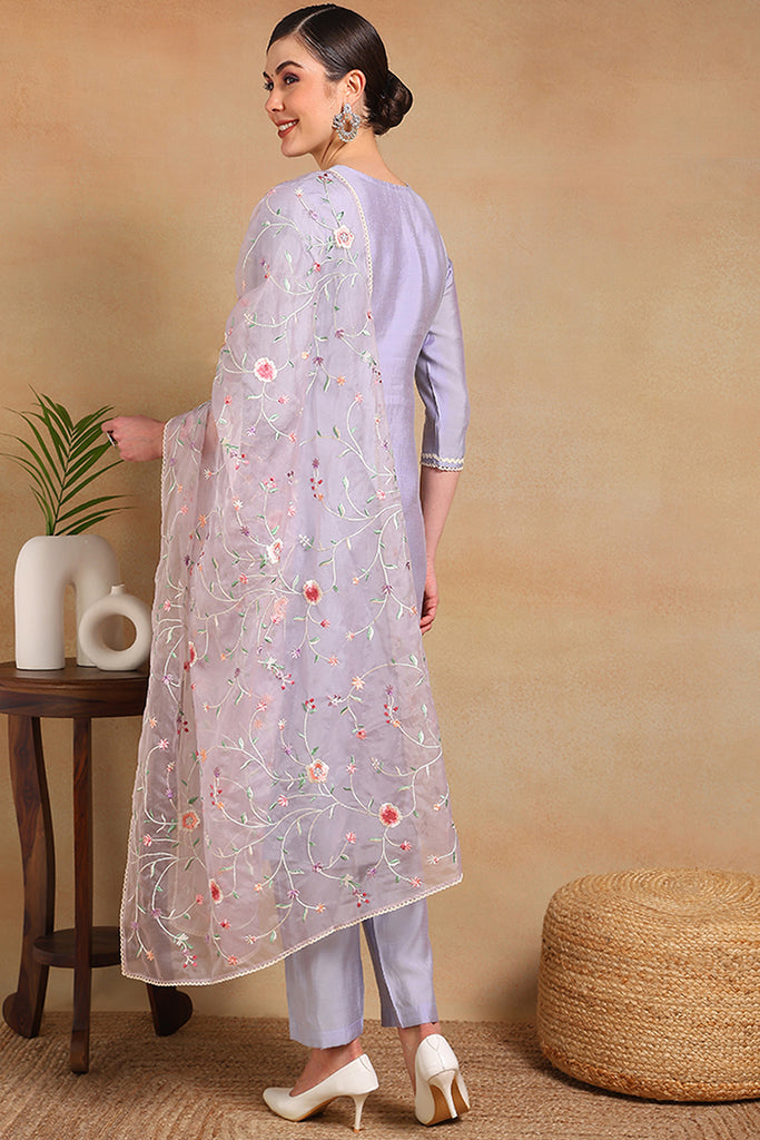 Purple Silk Blend Solid Embroidered Straight Regular Suit Set PKSKD2028