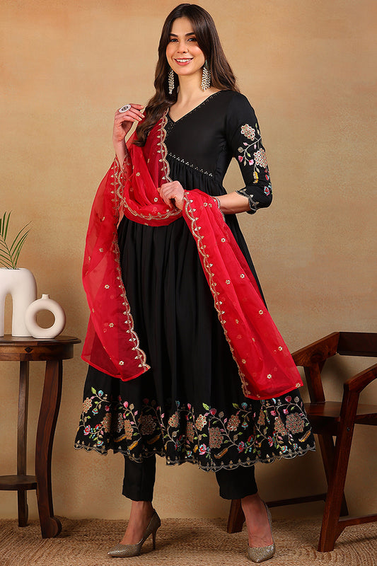 Black Silk Blend Solid Embroidered Flared Empire Suit Set PKSKD2030