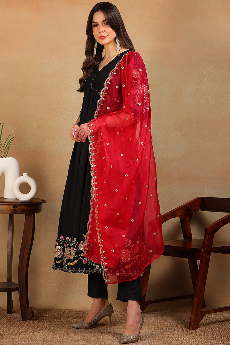 Black Silk Blend Solid Embroidered Flared Empire Suit Set PKSKD2030