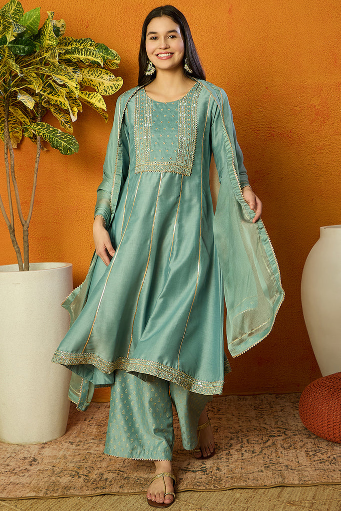 Sea Green Silk Blend Solid Embroidered Anarkali Suit Set PKSKD2036