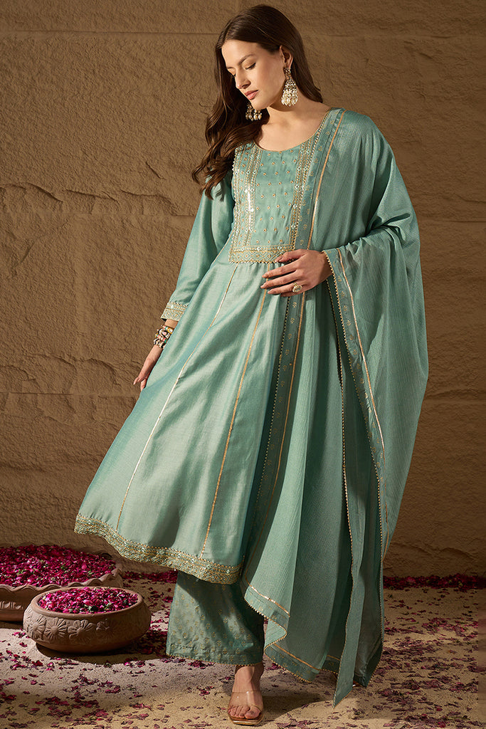 Sea Green Silk Blend Solid Embroidered Anarkali Suit Set PKSKD2036 Jinaaya Sea Green Silk Blend Solid Embroidered Anarkali Suit Set PKSKD2036 Jinaaya