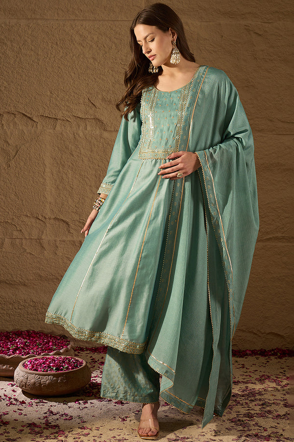 Sea Green Silk Blend Solid Embroidered Anarkali Suit Set PKSKD2036