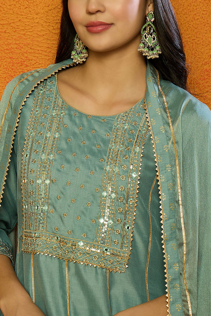 Sea Green Silk Blend Solid Embroidered Anarkali Suit Set PKSKD2036