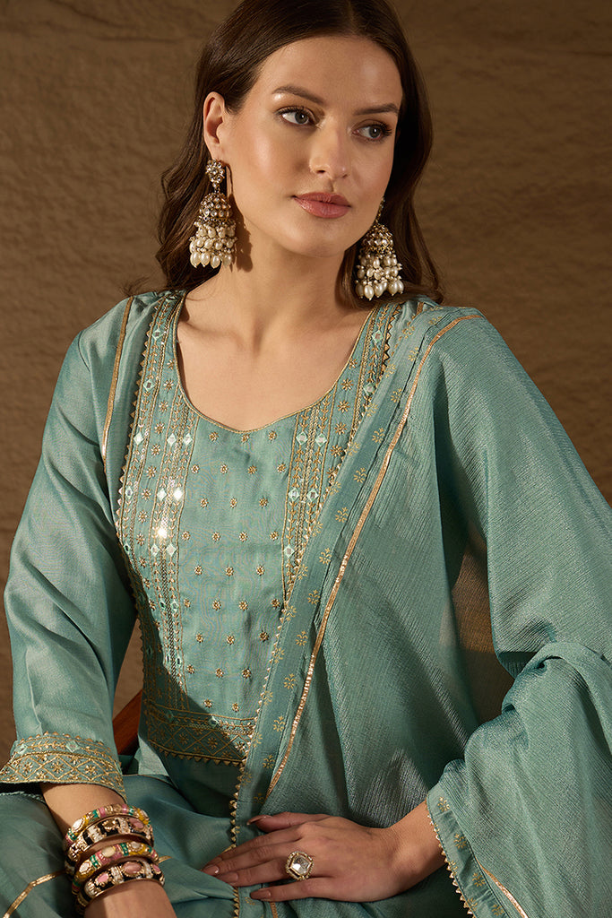 Sea Green Silk Blend Solid Embroidered Anarkali Suit Set PKSKD2036