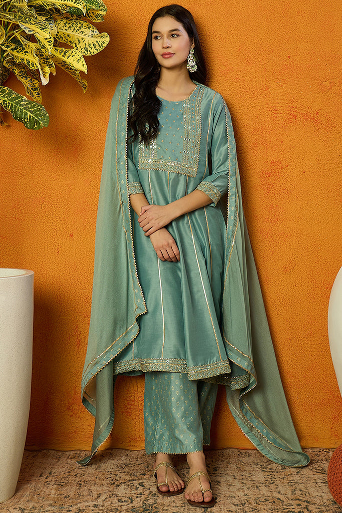 Sea Green Silk Blend Solid Embroidered Anarkali Suit Set PKSKD2036