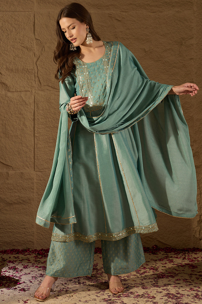 Sea Green Silk Blend Solid Embroidered Anarkali Suit Set PKSKD2036