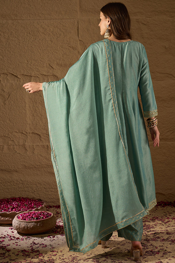 Sea Green Silk Blend Solid Embroidered Anarkali Suit Set PKSKD2036