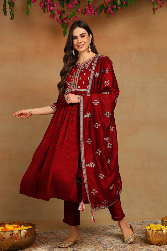 Maroon Silk Blend Embroidered Anarkali Style Suit Set PKSKD2055