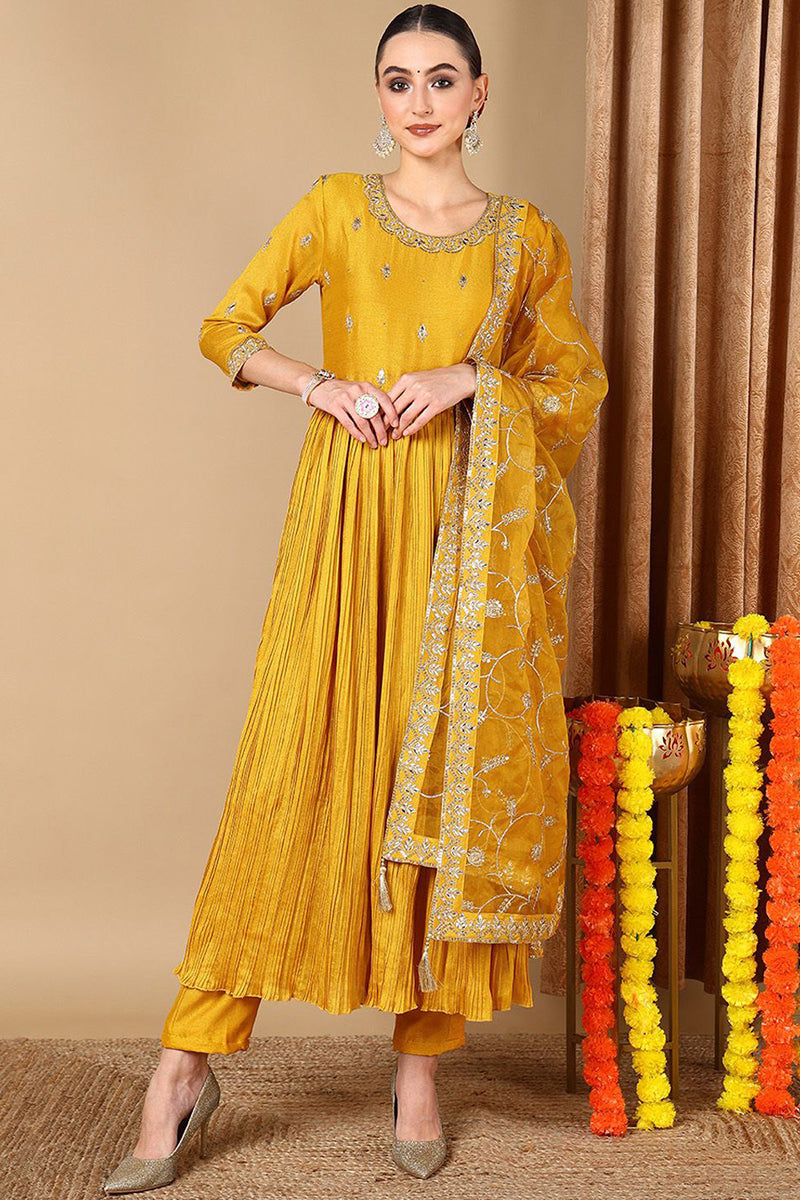 Yellow Silk Blend Embroidered Anarkali Style Suit Set PKSKD2058