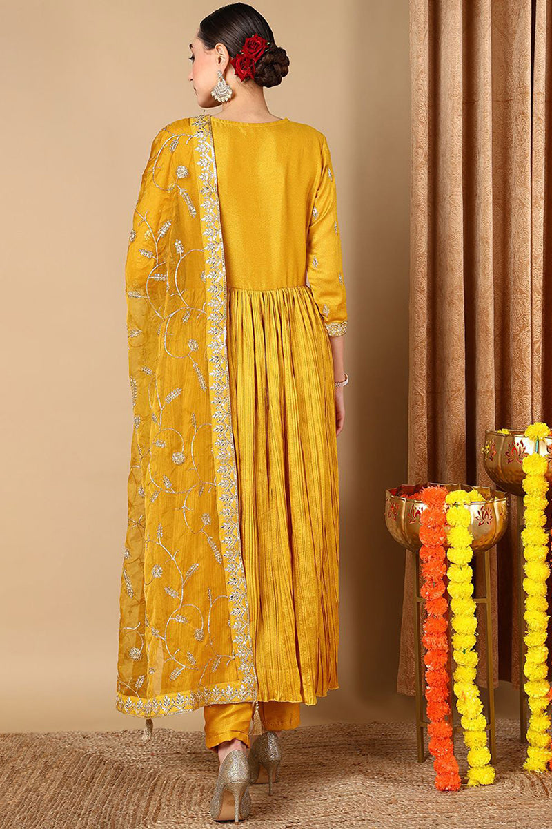 Yellow Silk Blend Embroidered Anarkali Style Suit Set PKSKD2058