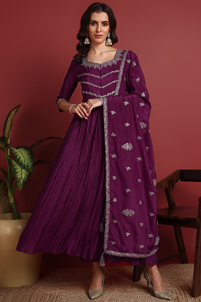 Purple Silk Blend Solid Embroidered Anarkali Suit Set PKSKD2064