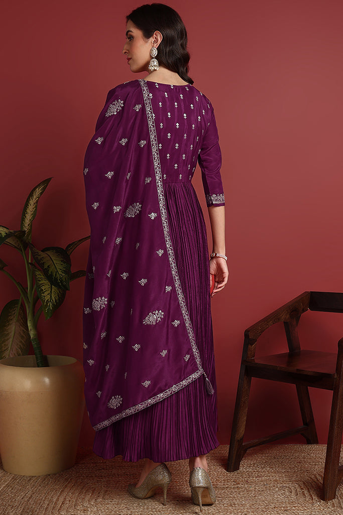 Purple Silk Blend Solid Embroidered Anarkali Suit Set PKSKD2064