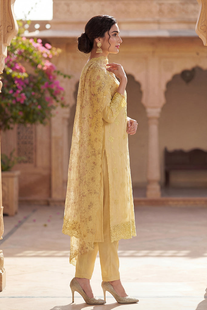 Yellow Organza Floral Embroidered Straight Suit Set PKSKD2086