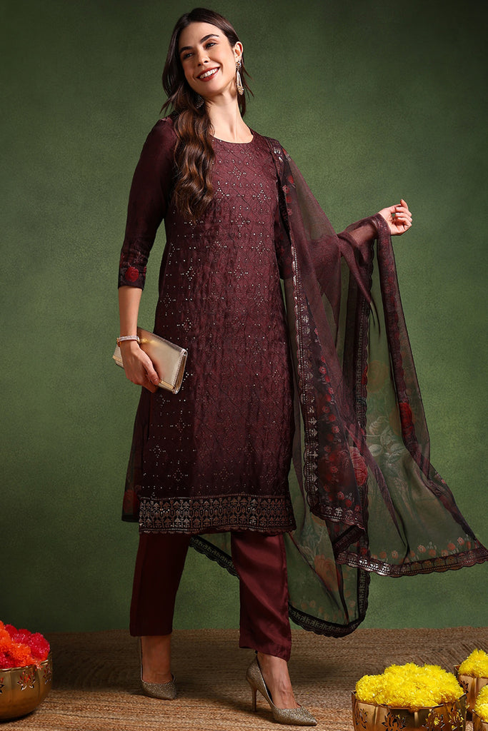 Brown Organza Ethnic Motifs Embroidered Straight Suit Set PKSKD2089