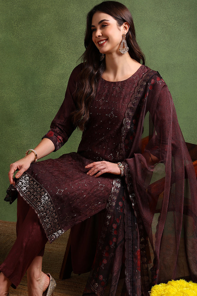 Brown Organza Ethnic Motifs Embroidered Straight Suit Set PKSKD2089