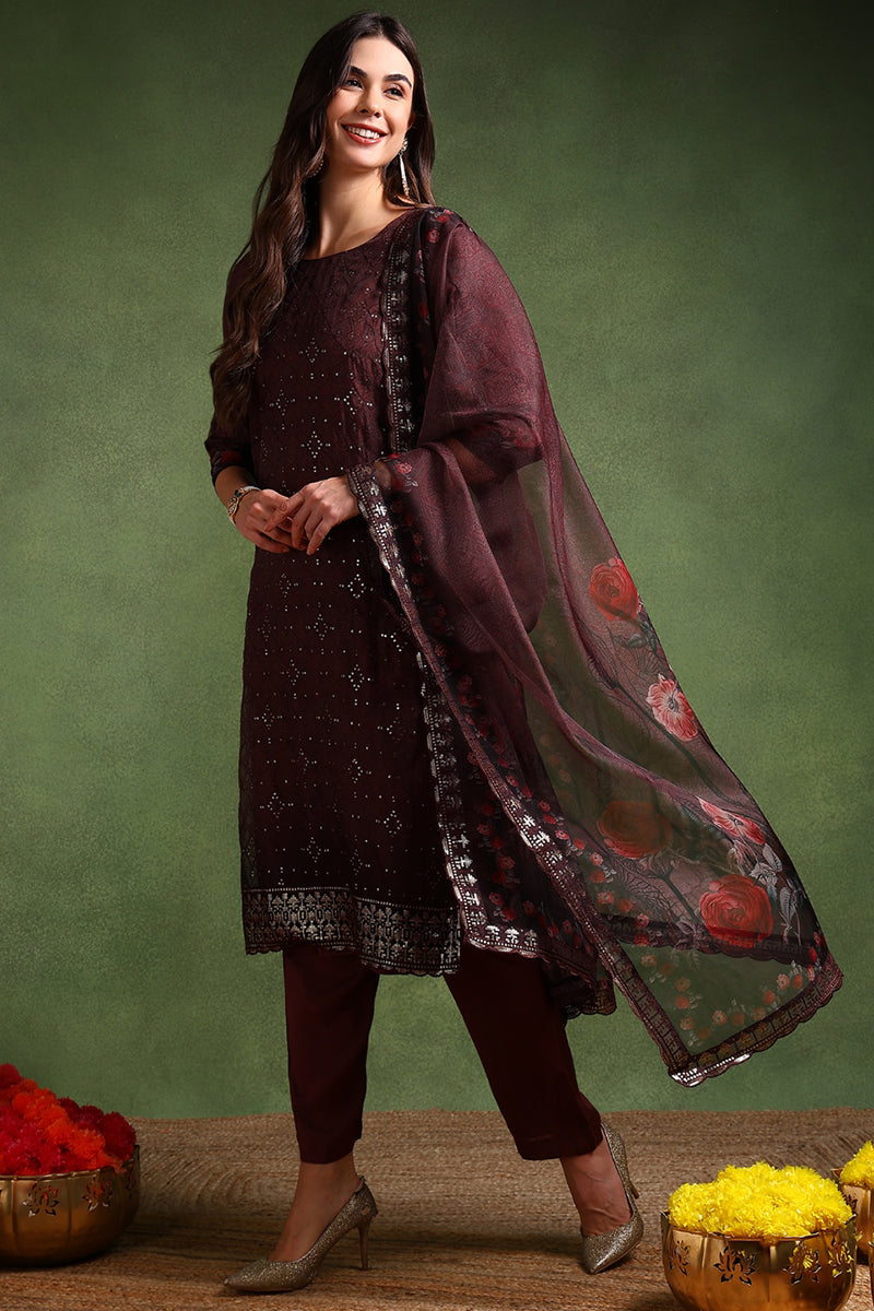 Brown Organza Ethnic Motifs Embroidered Straight Suit Set PKSKD2089