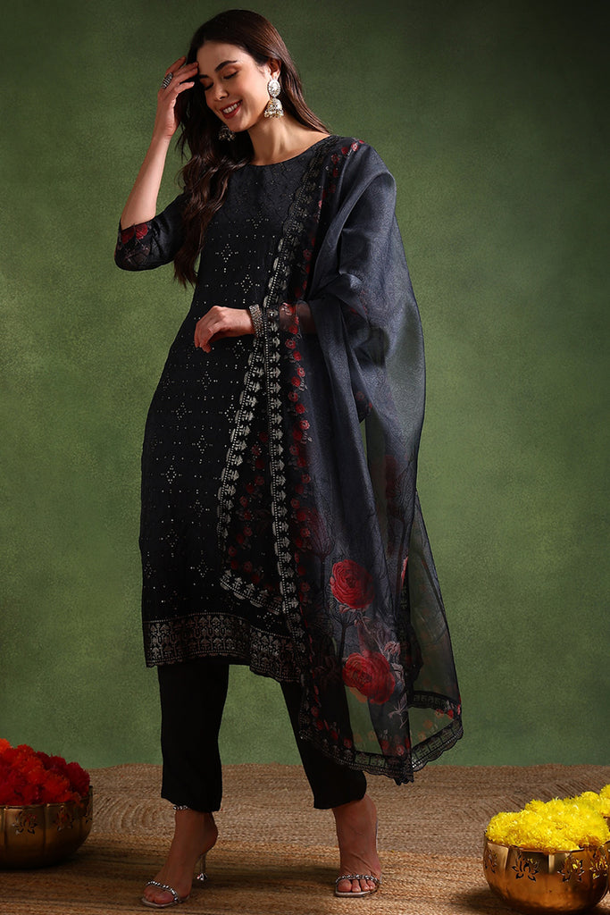 Black Organza Floral Embroidered Straight Suit Set PKSKD2091