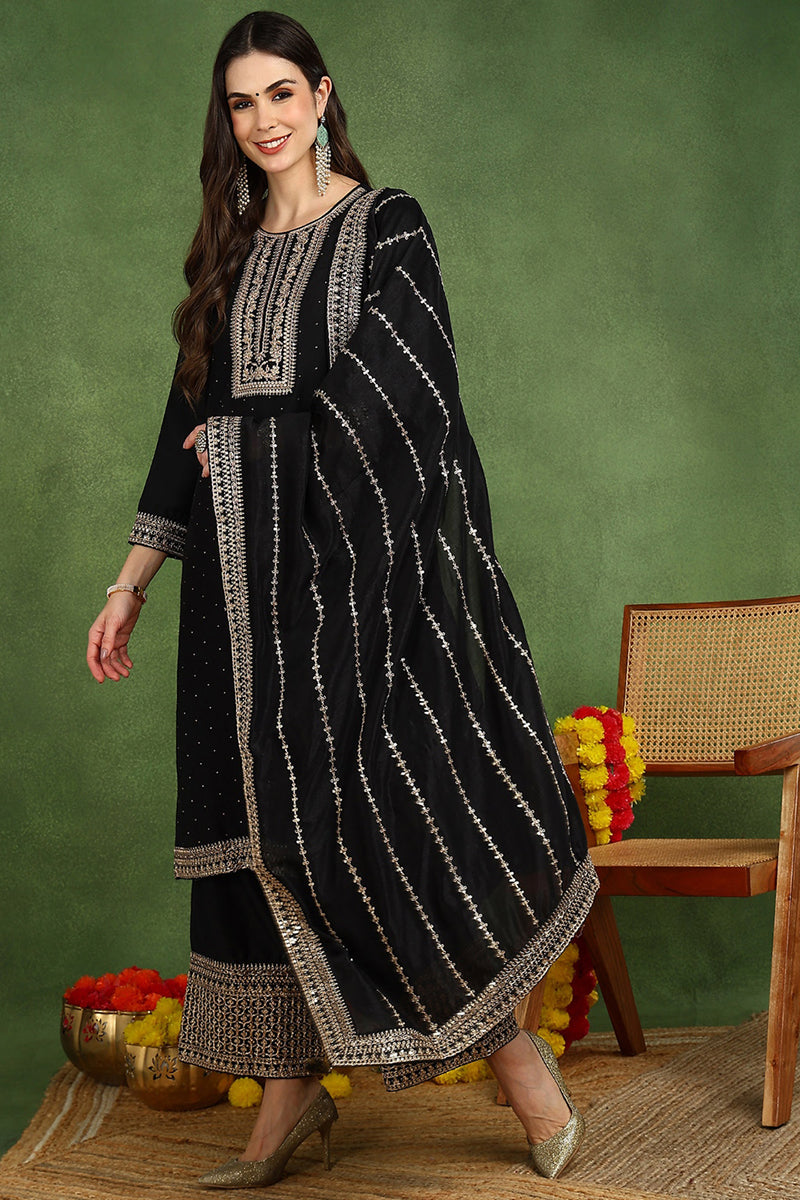 Black Silk Blend Solid Embroidered Straight Suit Set PKSKD2098