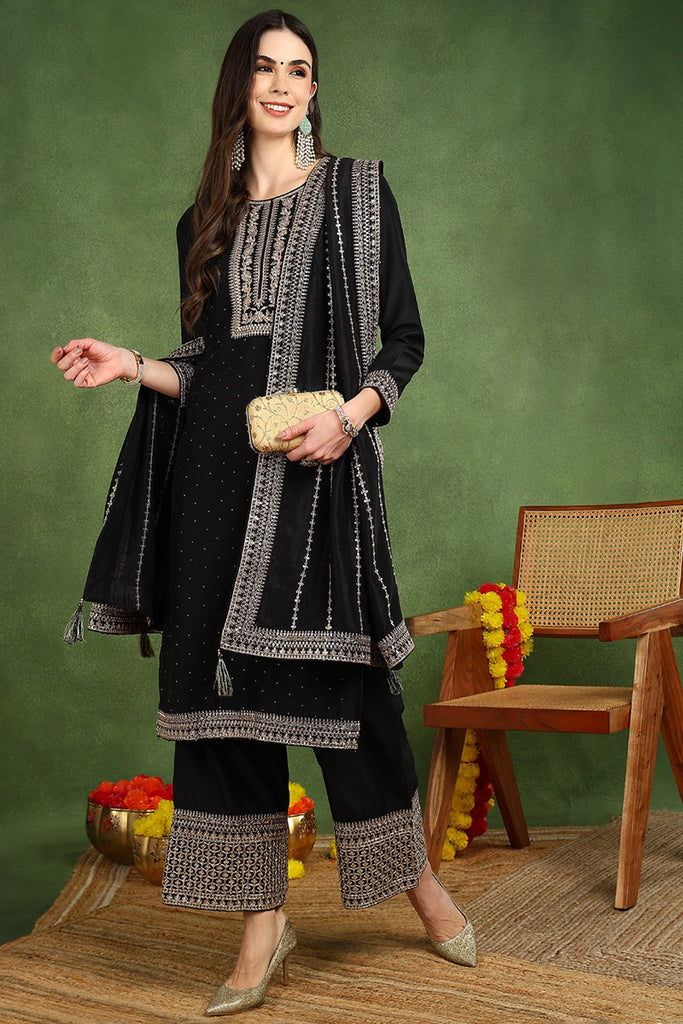 Black Silk Blend Solid Embroidered Straight Suit Set PKSKD2098