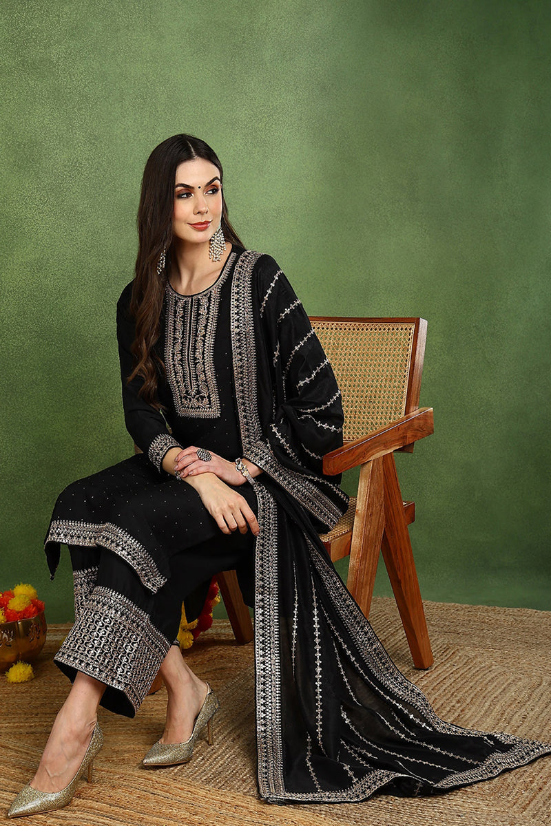 Black Silk Blend Solid Embroidered Straight Suit Set PKSKD2098