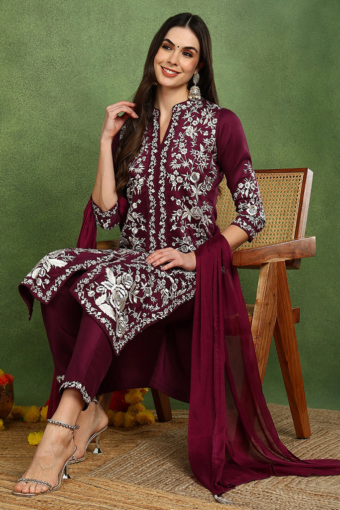 Purple Silk Blend Solid Embroidered Straight Suit Set PKSKD2107