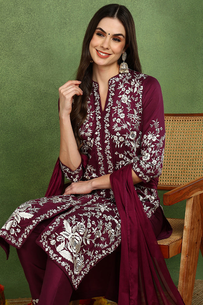 Purple Silk Blend Solid Embroidered Straight Suit Set PKSKD2107