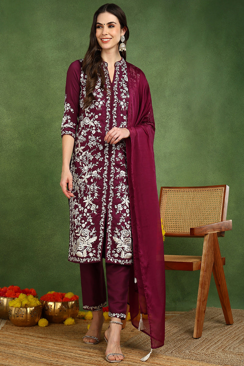 Purple Silk Blend Solid Embroidered Straight Suit Set PKSKD2107