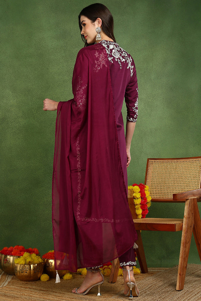 Purple Silk Blend Solid Embroidered Straight Suit Set PKSKD2107