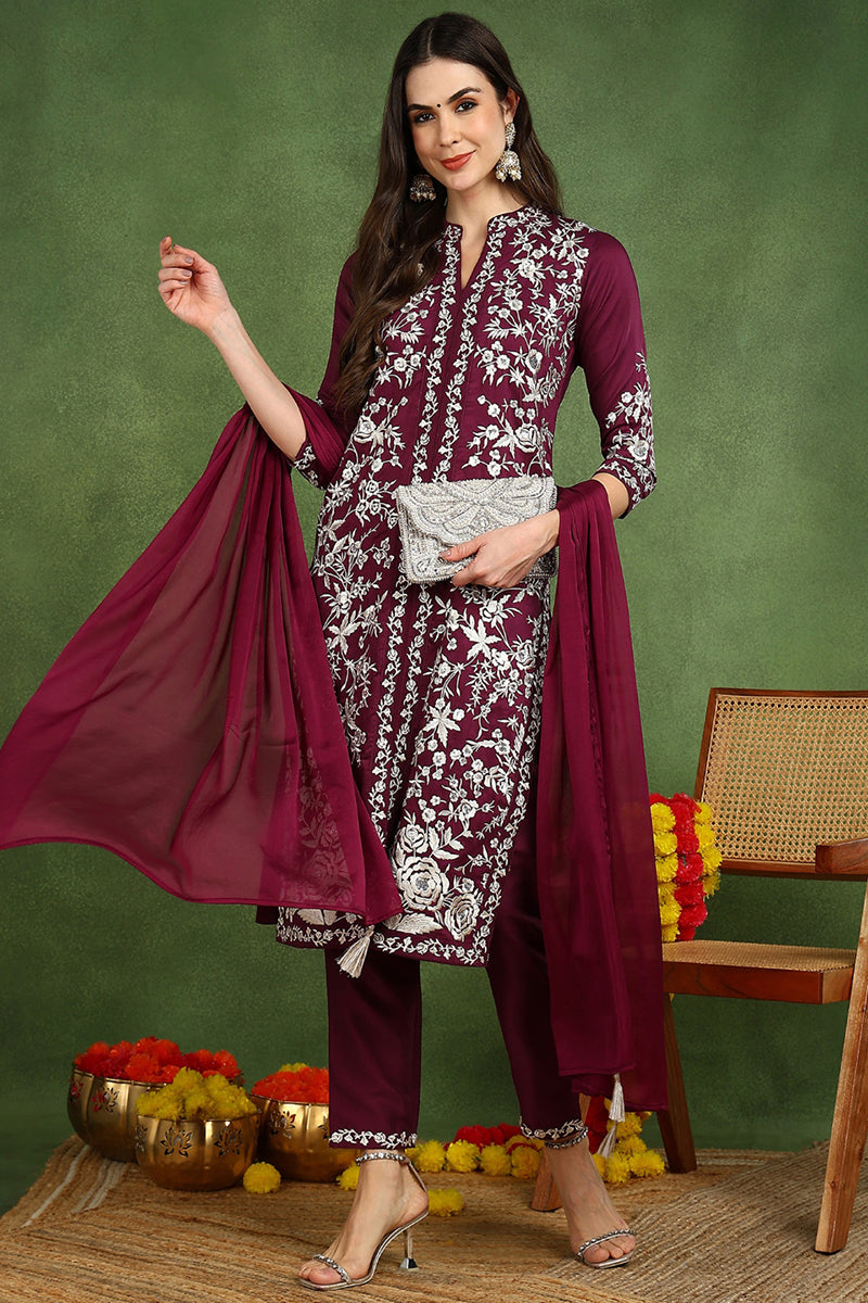 Purple Silk Blend Solid Embroidered Straight Suit Set PKSKD2107