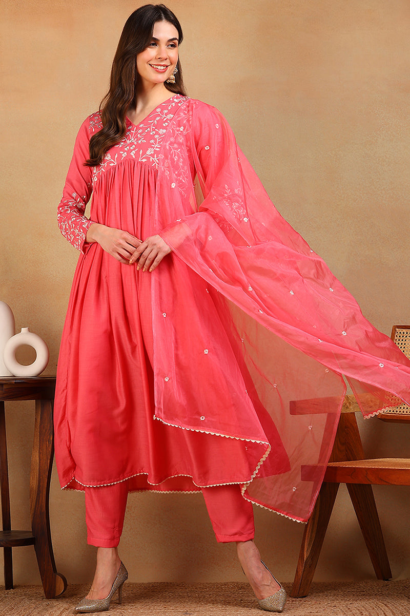 Blush Pink Silk Suit Set with Embroidered Details