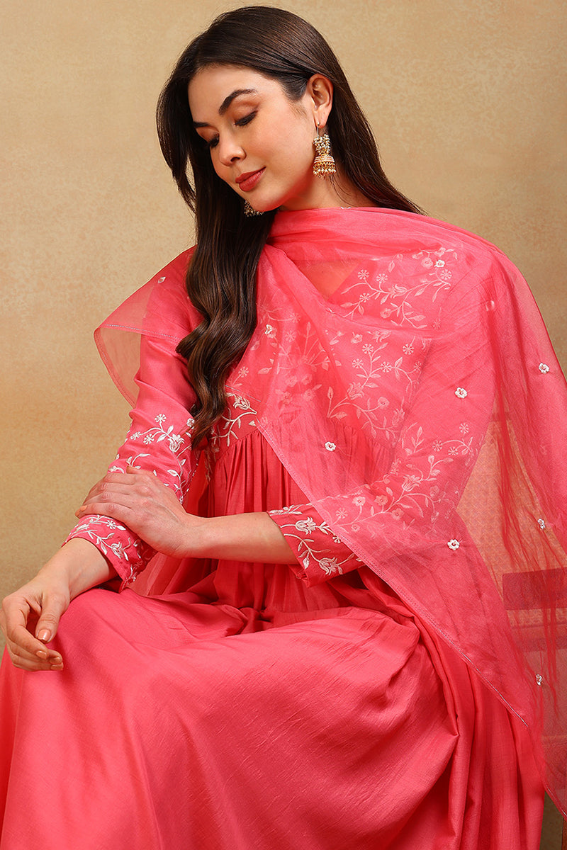 Pink Silk Blend Solid Embroidered Flared Empire Suit Set PKSKD2109