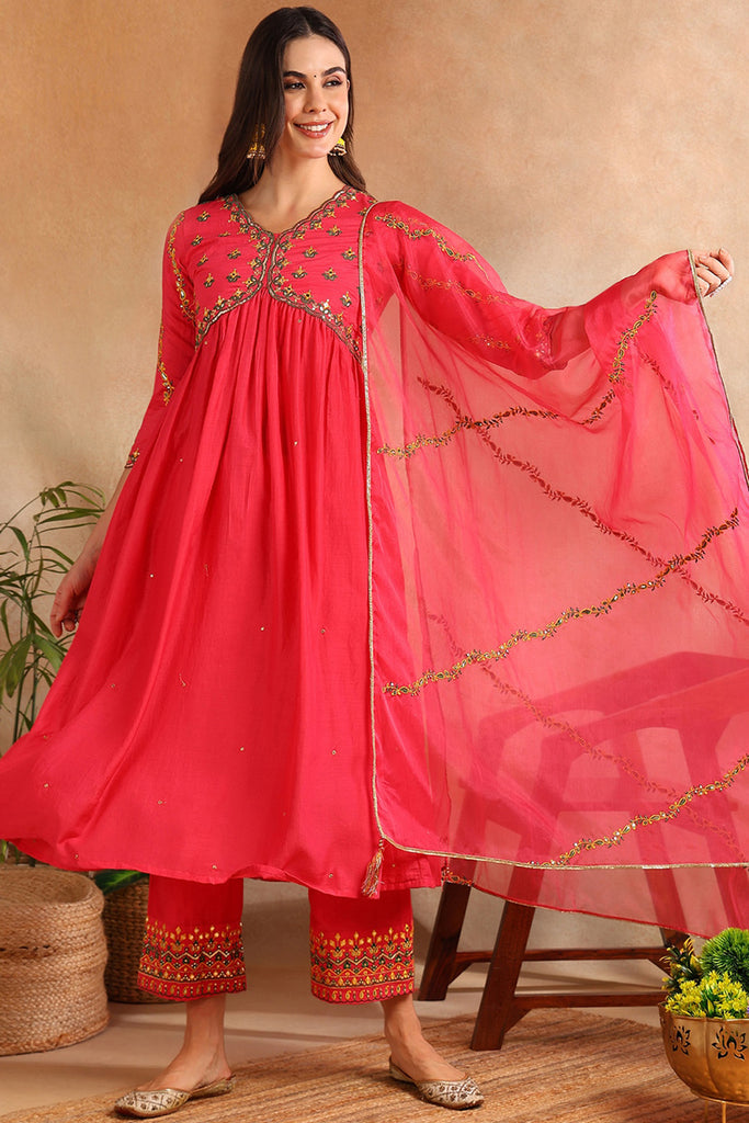 Pink Silk Blend Solid Embroidered Flared Suit Set PKSKD2114