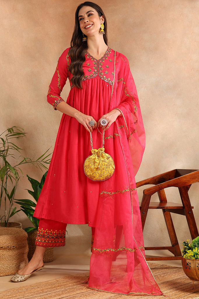 Pink Silk Blend Solid Embroidered Flared Suit Set PKSKD2114